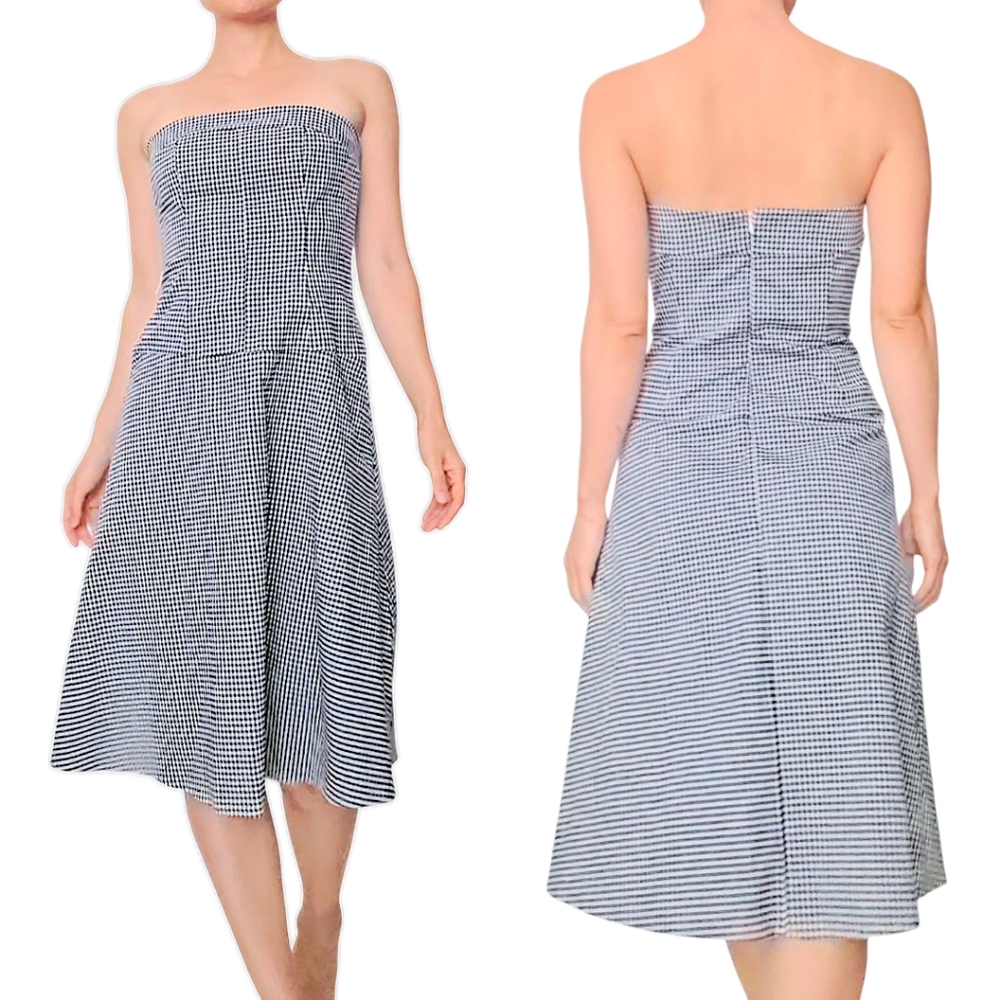 Vintage Black And White Gingham Plaid Strapless A-Line Cotton Dress Size 8